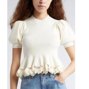 Ulla Johnson Esma Puff Sleeve Rib Top in Alabaster size small